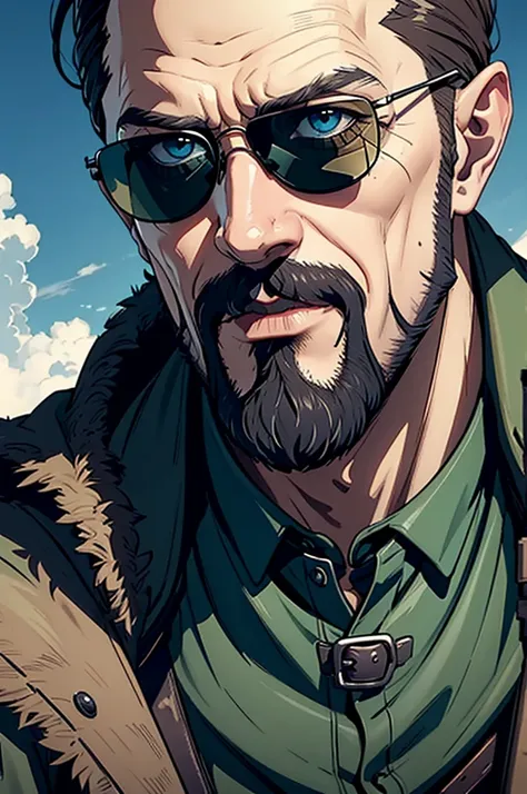 Close-up of a man wearing sunglasses, Looks like Karl Heisenberg, Epic Fantasy D & Good Hobbit Rogue, After the world ends explorer, Nicodemus, middle aged man, After the world ends, To D & letter D, john, wizard, wise, No hats., Dress like a medieval pers...