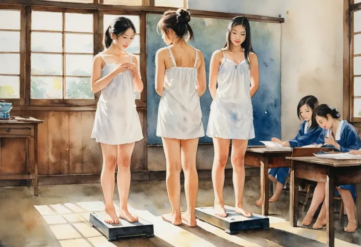 Japanese watercolor painting, 3girls in knee length white chemise, bare arms, bare foot, standing on weight scale, in classroom, 