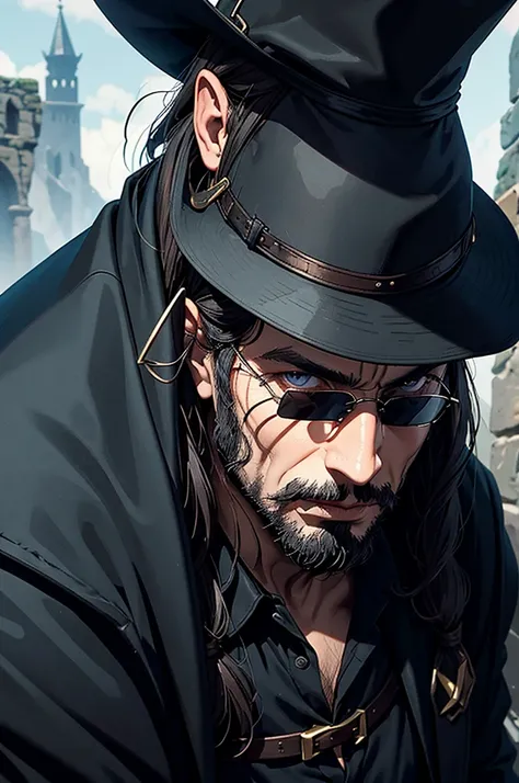 Close-up of a man wearing black sunglasses, Like Solomon Kane, Epic Fantasy D & Good Hobbit Rogue, After the world ends explorer, Nicodemus, middle aged man, After the world ends, To D & letter D, john, wizard, wise, No hats., Dress like a medieval person