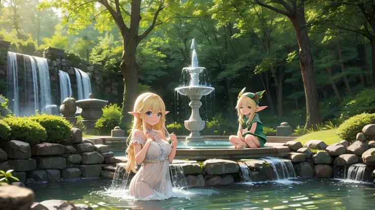 Cute Elf、Blonde、Fountain in the forest、Chill out、smile