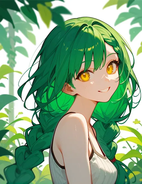 score_9_up,score_8_up,1girl, yellow eyes, twin braid, green hair, smile