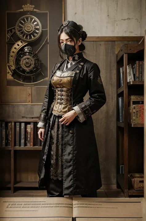 Full page text, magazines, lines pointing to clothes and gas masks, details of characters from Japanese steampunk films, lots of details, graphics, traditional Japanese elements, gears, clockwork, steam powered machines, Victorian inspired fashion with Jap...