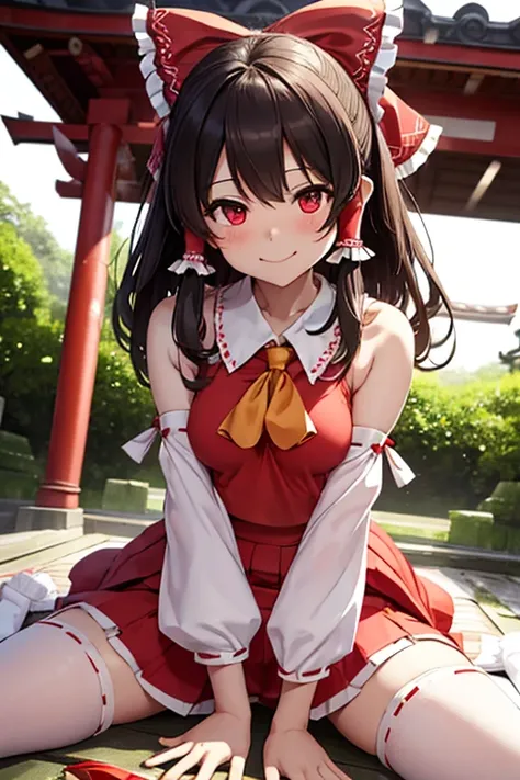 reimu, within the shrine grounds, straddling a man's lower abdomen, inserting the penis into the vaginal opening, sperm drips fr...