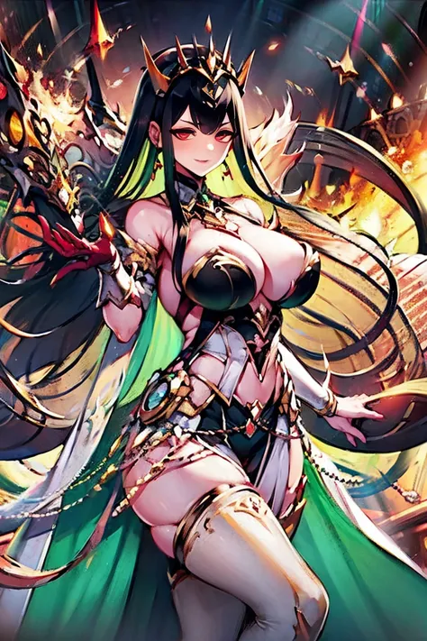 black hair, bare shoulder, red eyes, very long hair, cleavage, large breasts, dress, showgirl skirt, high-leg, cleavage cutout, tiara, bare thighs, gauntlets, bare shoulder, perfect hands, perfect fingers, accurate hands and fingers, 5 finges(4fingers and ...