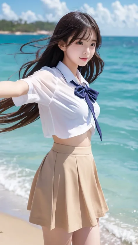 Cute Girls､high school girl､Idol､uniform､mini skirt､See-through､Fluttering in the wind､Ocean､Sandy Beach