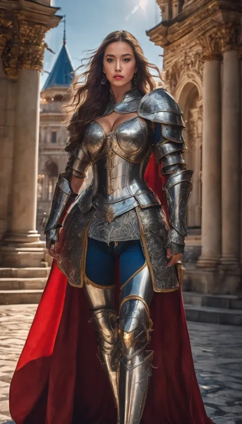 Highest quality, Realistic, photoRealistic, Award-winning photography, (Intricate details, royal palace: 1.2), (Subtle details), (Intricate details), (Cinematic Light, Super sexy long hair woman, knight, , huge bouncing chests, sexy long legs, dynamic sexy...