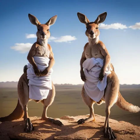 there are two kangaroos standing on a rock with a towel on their backs, spy kangaroo, kangaroos, subject: kangaroo, subject : kangaroo, in the australian outback, in the australian desert, australian, kangaroo, in australia, australia, australian outback, ...