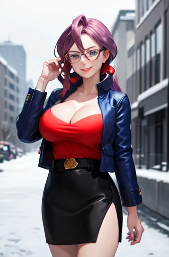 masterpiece, best quality,  animeLorelei, purple hair, blue eyes, hair between eyes, glasses, blue jacket, red shirt, cleavage, belt, pencil skirt, large breasts, smile, looking at viewer, winter, cityscape, snow, hand up