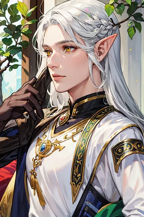 a beautiful elf with silver hair, yellow eyes, elf&#39;s ears, white skin, big bust, sensual, glaring at you (to throw)