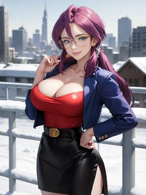 masterpiece, best quality,  animelorelei, purple hair, blue eyes, hair between eyes, glasses, blue jacket, red shirt, cleavage, ...