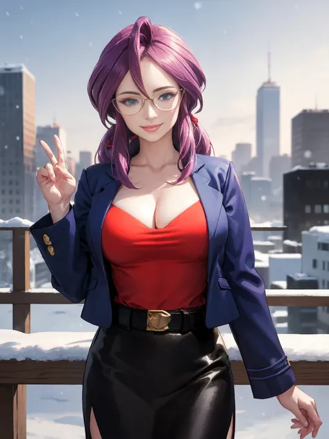 masterpiece, best quality,  animeLorelei, purple hair, blue eyes, hair between eyes, glasses, blue jacket, red shirt, cleavage, belt, pencil skirt, large breasts, smile, looking at viewer, winter, cityscape, snow, hand up