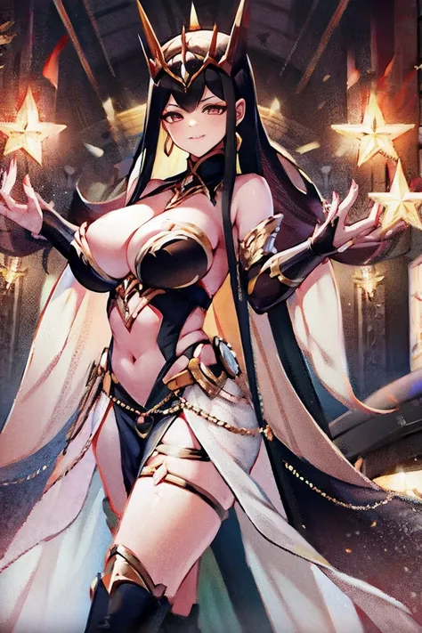 black hair, bare shoulder, red eyes, very long hair, cleavage, large breasts, dress, showgirl skirt, high-leg, cleavage cutout, tiara, bare thighs, gauntlets, bare shoulder, (((perfect hands, perfect fingers, accurate hands and fingers, 5 fingers))), adult...