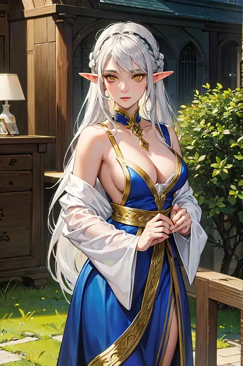 a beautiful elf with silver hair, yellow eyes, Elf&#39;s ears, White skin, big bust, sensual, glaring at you (to throw),NSFW