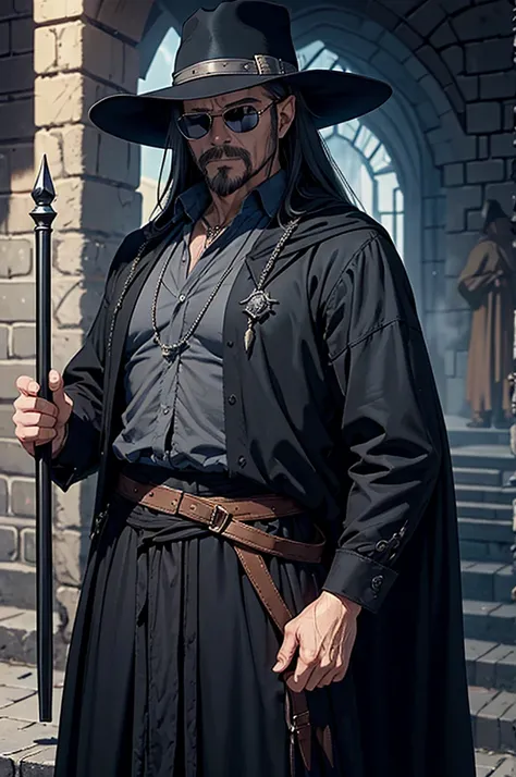 man wearing black sunglasses, No hats., Solomon Kane Hairstyle, Looks like Karl Heisenberg, middle aged man, gray eyes, be a wizard, Dress like a medieval person, Dungeon and Dragon