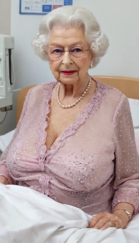 (sucking penis:1.3), (penis cum:1.4), (huge breast:1.6), (queen elizabeth 90yo:1.3) (at hospital), (look down:1.4), (excessive cum on breast:1.4), pointed nipples, (nsfw:1.4), (pink chiffon blouse:1.5), (from belove:1.4)