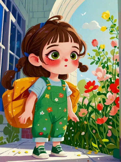  (Low Angle Shot:1.8), (((projected inset, dutch angle, vanishing point, from below))), (8k，Bright colors，Bright，Ultra high saturation，rgb, Colorful), Cartoon,Character Design,Cute little girl,big eyes,Long hair,With pigtails,Holding flowers,Wearing green ...