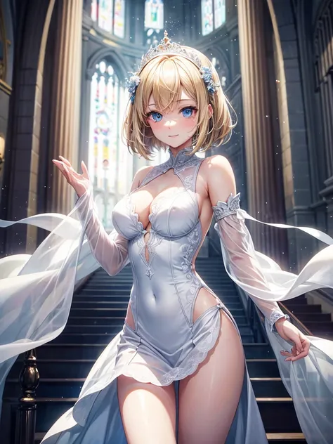 Anime style, super fine illustration, highly detailed, beautiful detailed, pale tone image, static representation, gentle expression, 8k, pretty 1girl with blonde straight short hair & blue eyes & a bright smile & full bust & soft fair skin is wearing the ...