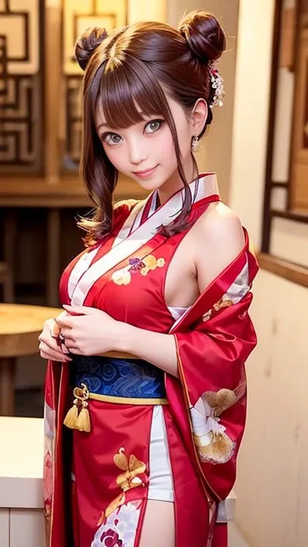 (Noble Red Micro Ancient Chinese Kimono with Slits:1.2、Hanfu、Hanbok)、1 girl、smile、Medium breast、(Bob Hair、Double Bang、Buns:1.2)、masterpiece:1.3、Highest quality、Raw photo、Detailed Images、Detailed Background、Korean Bar、Korean Lounge、Korean Cabaret、counter、St...