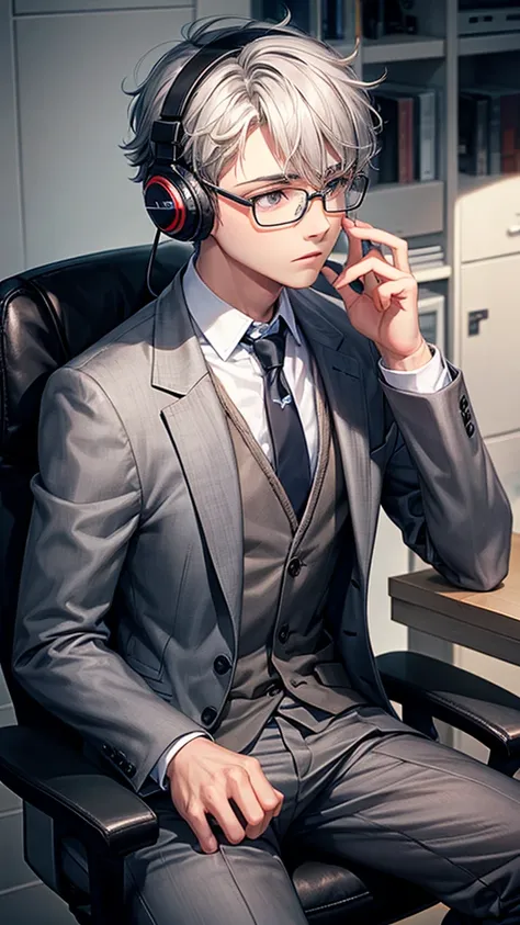 A teenage boy wearing a gray suit wearing headphones, gray hair, gray eyes, wearing glasses 