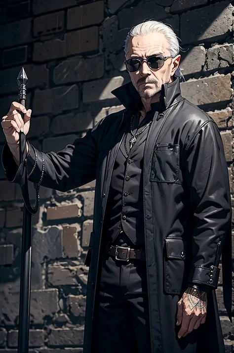 man wearing black sunglasses, No hats.,Van Helsing, Like Karl Heisenberg, middle aged man, gray eyes, be a wizard, Dress like a medieval person, Dungeon and Dragon