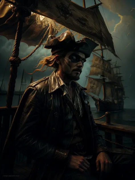 Pirate with an eyepatch, Bearded, Grim face, Wear a tricorn hat, Scary look, On the deck of a pirate ship, Dramatic lighting, Structure of the film, Digital Painting, Cinema Lighting, A calming color palette, Gloomy atmosphere