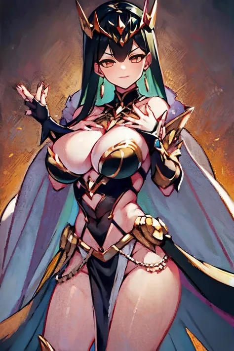 black hair, bare shoulder, red eyes, very long hair, cleavage, large breasts, dress, showgirl skirt, high-leg, cleavage cutout, tiara, bare thighs, gauntlets, bare shoulder, (((perfect hands, perfect fingers, accurate hands and fingers, 5 fingers))), adult...