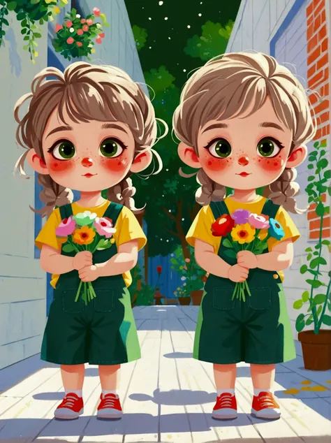  (Low Angle Shot:1.8), (((projected inset, dutch angle, vanishing point, from below))), (8k，Bright colors，Bright，Ultra high saturation，rgb, Colorful), Cartoon,Character Design,Cute little girl,big eyes,Long hair,With pigtails,Holding flowers,Wearing green ...