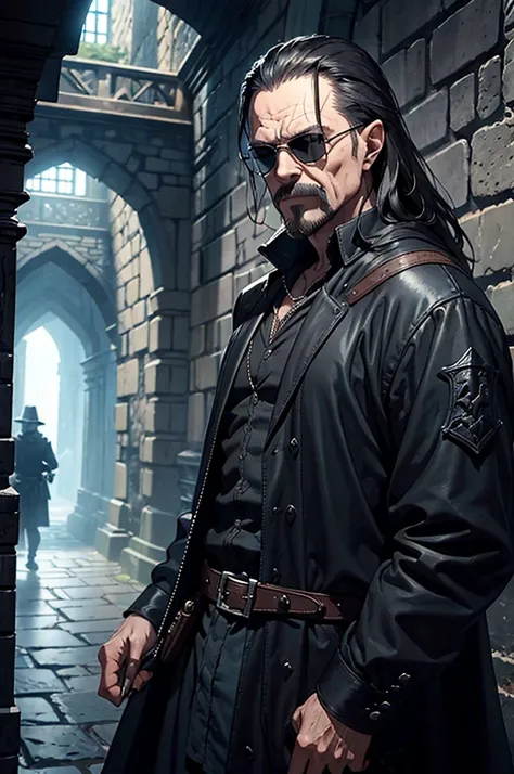 man wearing black sunglasses, No hats., Solomon Kane Hairstyle, Looks like Karl Heisenberg, middle aged man, gray eyes, be a wizard, Dress or wear medieval clothing., Dungeon and Dragon