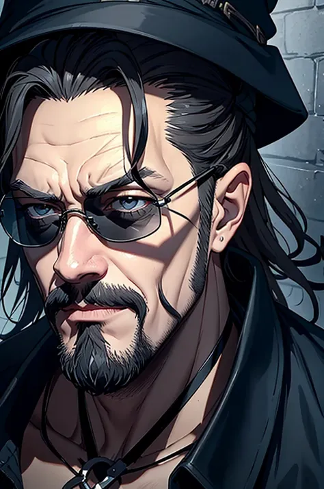 man wearing black sunglasses, No hats., Solomon Kane Hairstyle, Looks like Karl Heisenberg, middle aged man, gray eyes, be a wizard, Dress or wear medieval clothing., Dungeon and Dragon