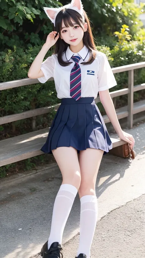 Cute Girls､high school girl､uniform､mini skirt､See-through､Fluttering in the wind､White cat ears､sit