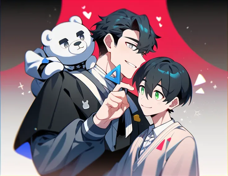 2 young men, focus man , Yaoi, pair, 1 daughter, 2 twin sons, portable princess, bear, look elsewhere, smile, short hair, black hair, green eyes, black hair, gray eyes , The best aesthetics , best quality, Amazing quality, The best aesthetics, nonsense,bri...