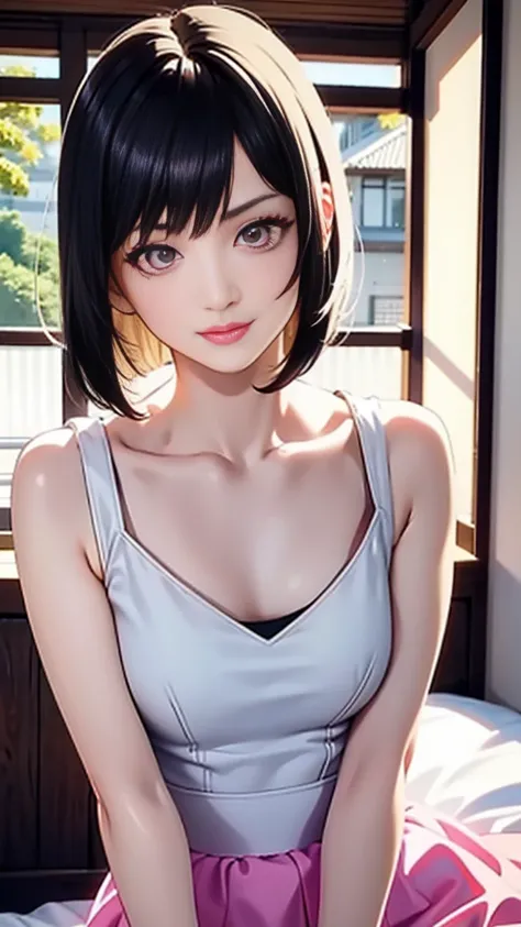 [black hair, asymmetrical hair, blunt bangs, bob cut, cowboy shot, uhd, retina, masterpiece, accurate, anatomically correct, textured skin, super detail, high details, high quality, award winning, best quality, high-res, 1080P, HD, 4K, 8k, 16K], A lovely a...