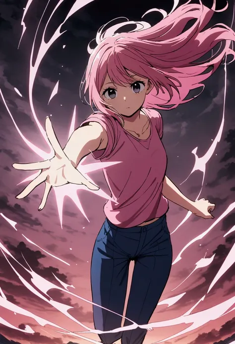 a  with black eyes and pink hair wearing a pink t-shirt and blue pants who has magical powers