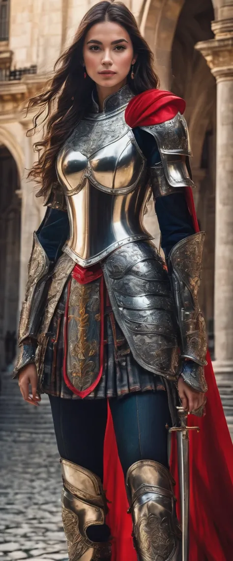 Highest quality, Realistic, photoRealistic, Award-winning photography, (Intricate details, royal palace: 1.2), (Subtle details), (Intricate details), (Cinematic Light, Super sexy long hair woman, knight, , huge bouncing chests, sexy long legs, dynamic sexy...