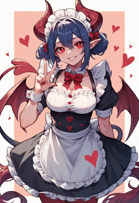 A beautiful girl, demon, maid, smiling, red crimson eyes color, dark blue hair color, demon horns, demon tails, demon wing, 27-year-old, playful, heart sign