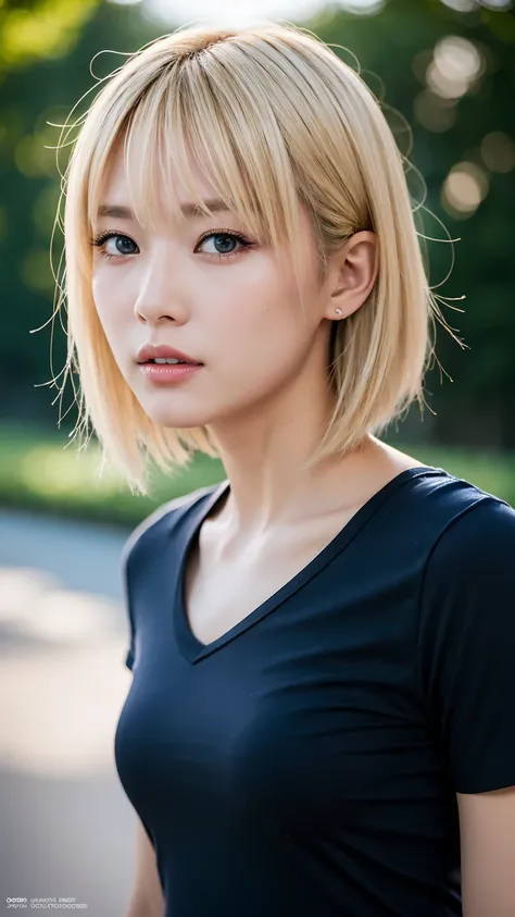 1girl, blonde hair, short cut,black shirt,blue pants,cool face,丸い形をした nose, black eyes,best quality, masterpiece, ultra high resolution, super detailed, photorealistic, intricate details, cinematic lighting, dramatic shadows, muted color palette, seamless ...