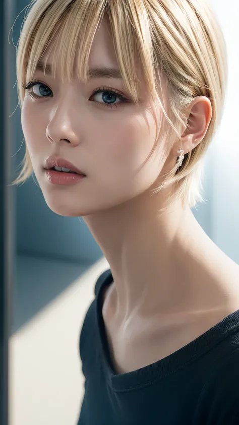 1girl, blonde hair, short cut,black shirt,blue pants,cool face,丸い形をした nose, black eyes,best quality, masterpiece, ultra high resolution, super detailed, photorealistic, intricate details, cinematic lighting, dramatic shadows, muted color palette, seamless ...