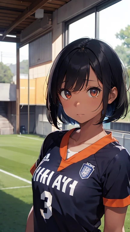 Highest quality、Realistic、woman、zoom、Orange eyes、Very short black hair、Blue Football Uniform、Small breasts、Sunburn。Dark Skin、、Soccer Field