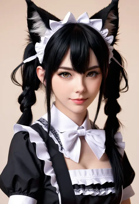 monster girl, cat ear,20th generation, maid,realistic women, black hair,cute