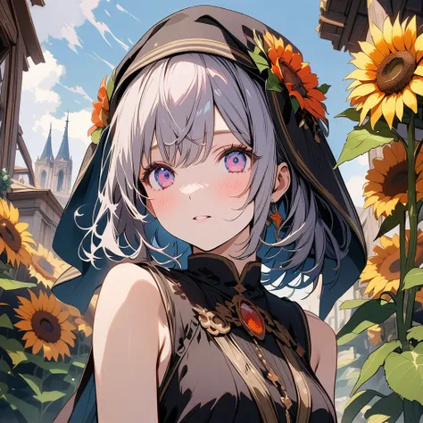 Nun in sleeveless robes, Summer ruins, Sunflowers, Face up, 4k, UHD, Detailed background, Detailed depiction, Ultra quality, Detailed background, Beautiful face,