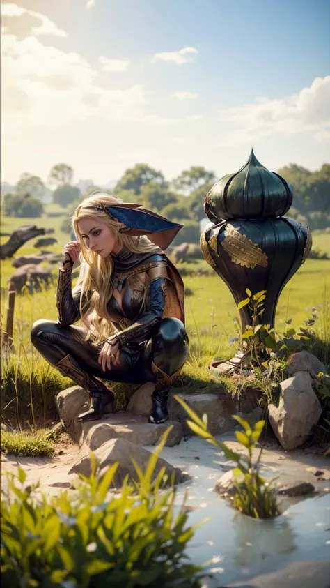 medieval setting, full view of body, (detailed elf ear, 1 woman, elven featured face, beautiful green eyes, blonde hair), leather armor, black leather pants, leather hooded cape, 