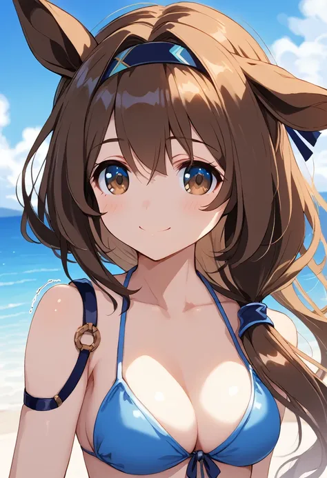 Long black hair, low ponytail, middle chest, ponytail, wearing a blue bikini, resting on the beach, back view, Uma Musume, Admire Vega (Uma Musume), beautiful back, horse ears, horse tail, beautiful hip line, 1 girl, Upper body portrait, brown hair, brown ...