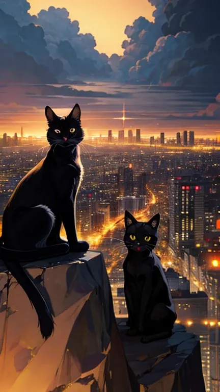 black cat shape on a cliff overlooking a fantasy cityscape, twinkling lights, dreamy clouds