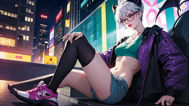 8k, masterpiece, best quality, highly detailed, 1 girl, tiefling, warlock, pixie cut, multicolored hair, very short straight hair green highlight hair on white hair, strippled hair, wearing glasses, round glasses, sexy, earrings, navel piercing, red eyesha...