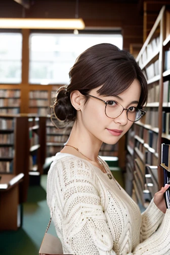   (8k, RAW photo, best quality, masterpiece), (photo realistic), outstanding details, ultra-high resolution, anatomically correct, textured skin, ((Extremely precise and accurate anatomy)),

A cute 28-year-old Japanese woman, librarian arranging books in t...