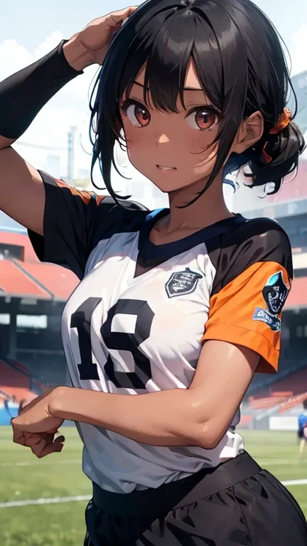 Highest quality、Realistic、woman、zoom、Orange eyes、Very short black hair、Blue Football Uniform、Large Breasts、Sunburn。Dark Skin、、Soccer Field