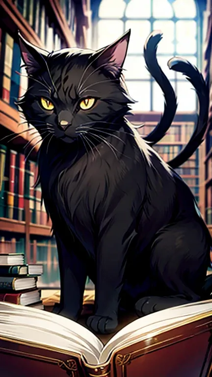 Dark cat form in a enchanted library, floating books, magical dust motes in air