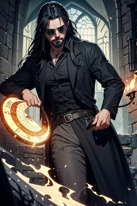 man wearing black sunglasses, No hats., Solomon Kane Hairstyle, Looks like Karl Heisenberg, middle aged man, gray eyes, black hair, be a wizard, Dress or wear medieval clothing., Dungeon and Dragon, Put on a wizard&#39;s outfit, The color scheme is brown m...