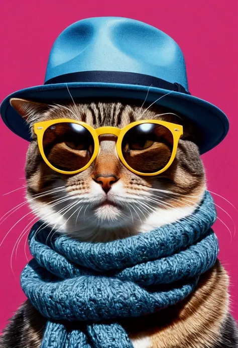 A painting of a cat with a hat and scarf and sunglasses, Trend Pop Art, facial focus, detailed, non-realistic rendering, British gang member, Streetstyle, intimidating pose, Planet of Cats, Highlight face , urban samurai, meow, Tiere