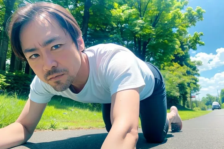 (low angle shot), yoga, blue sky、green grass、sportswear、yogaマット、natural light, male, middle aged, (on all fours),